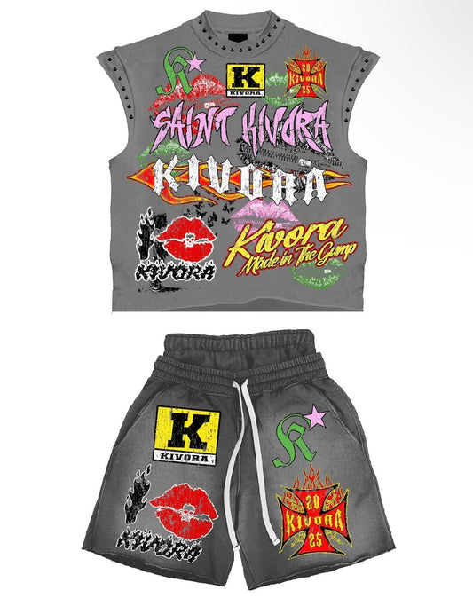 Grey Custom Sleeveless Shirt & Double Shorts
