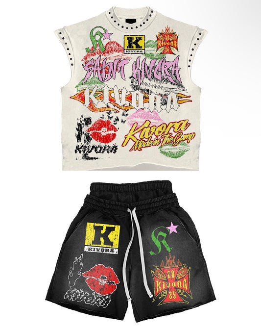 Black & White Custom Kivora Sleeveless Tee & Double Shorts